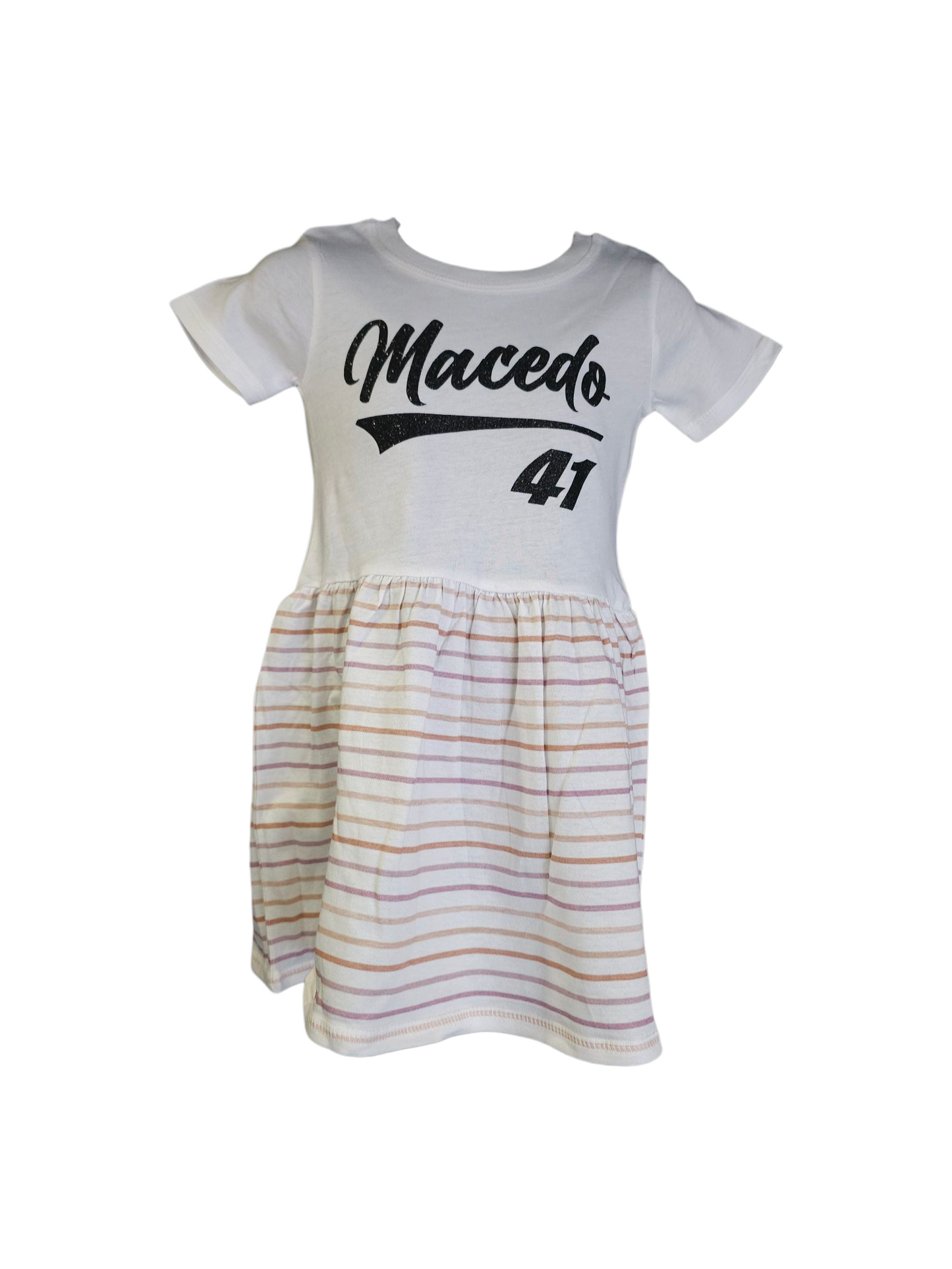 Macedo 41 Glitter logo Design Toddler Dress (White W/ Lilac Stripes