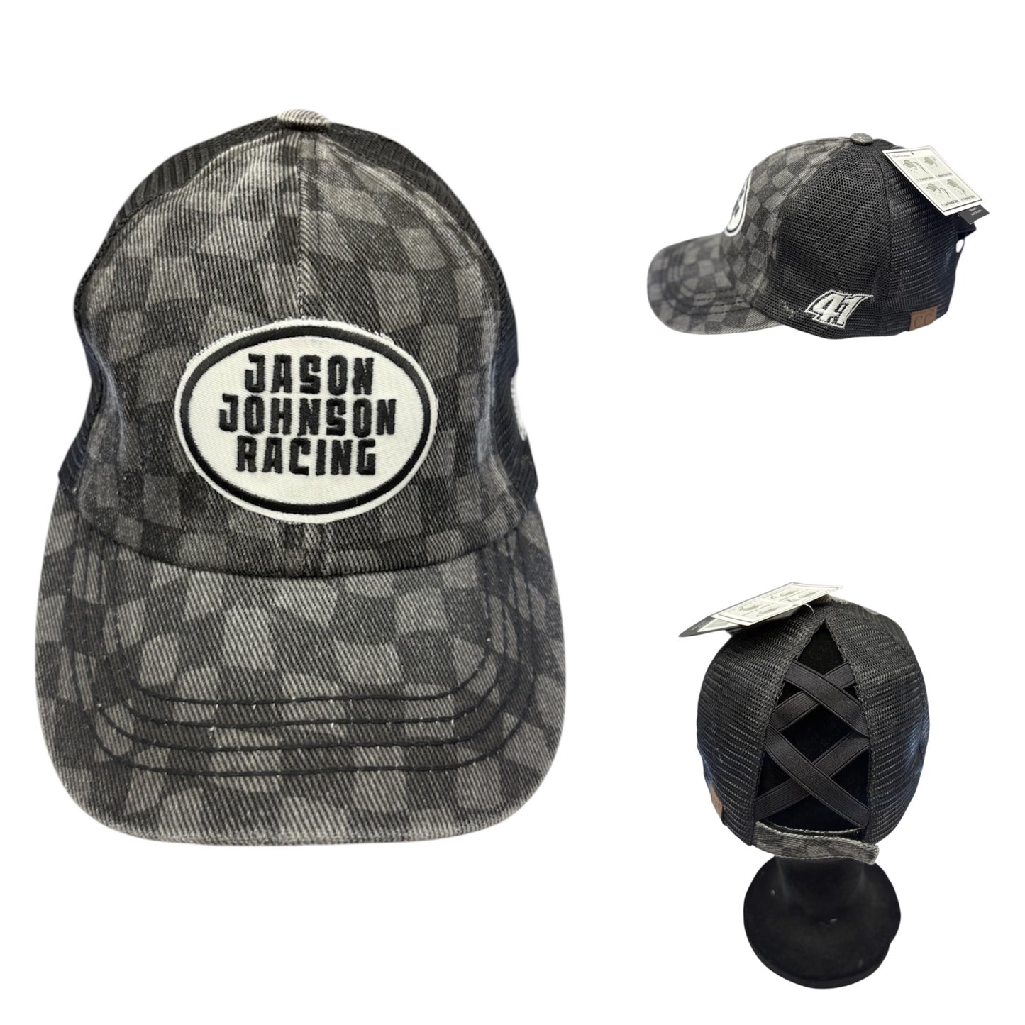 Ladies JJR Checkered Crisscross Ponytail Velcro Hat
