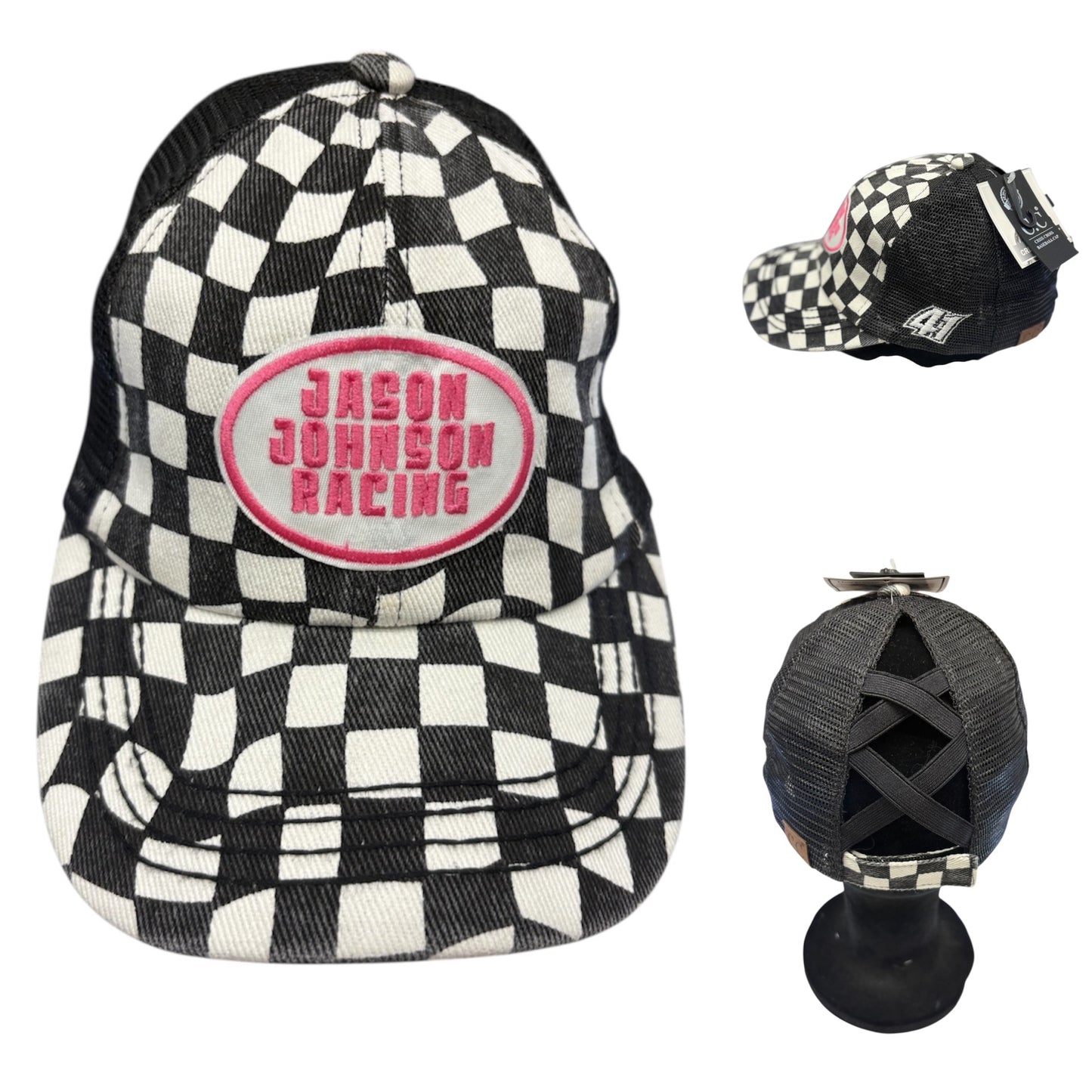 Ladies JJR Checkered Crisscross Ponytail Velcro Hat
