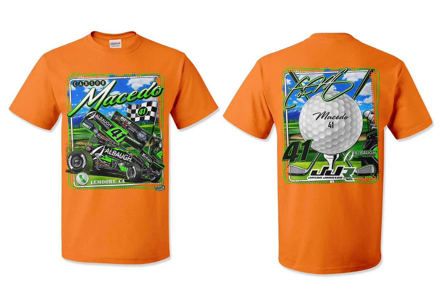 Rippin’ through the Golf Greens Full Front and Back Graphic T-Shirt (Orange)