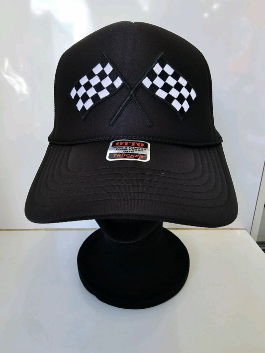 Ladies Cross Checkered Trucker Style SnapBack Hat (Black)