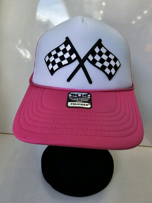 Ladies Cross Checkered Trucker Style SnapBack Hat (Pink)