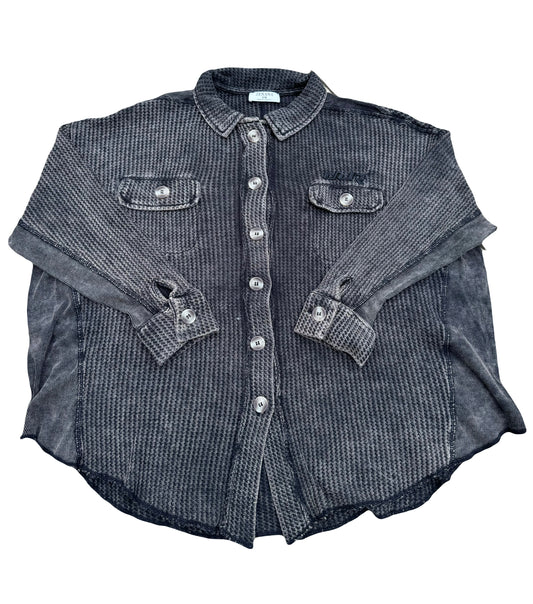 Ladies 2 Pocket Waffle Button Up with JJR Logo (Washed Black)