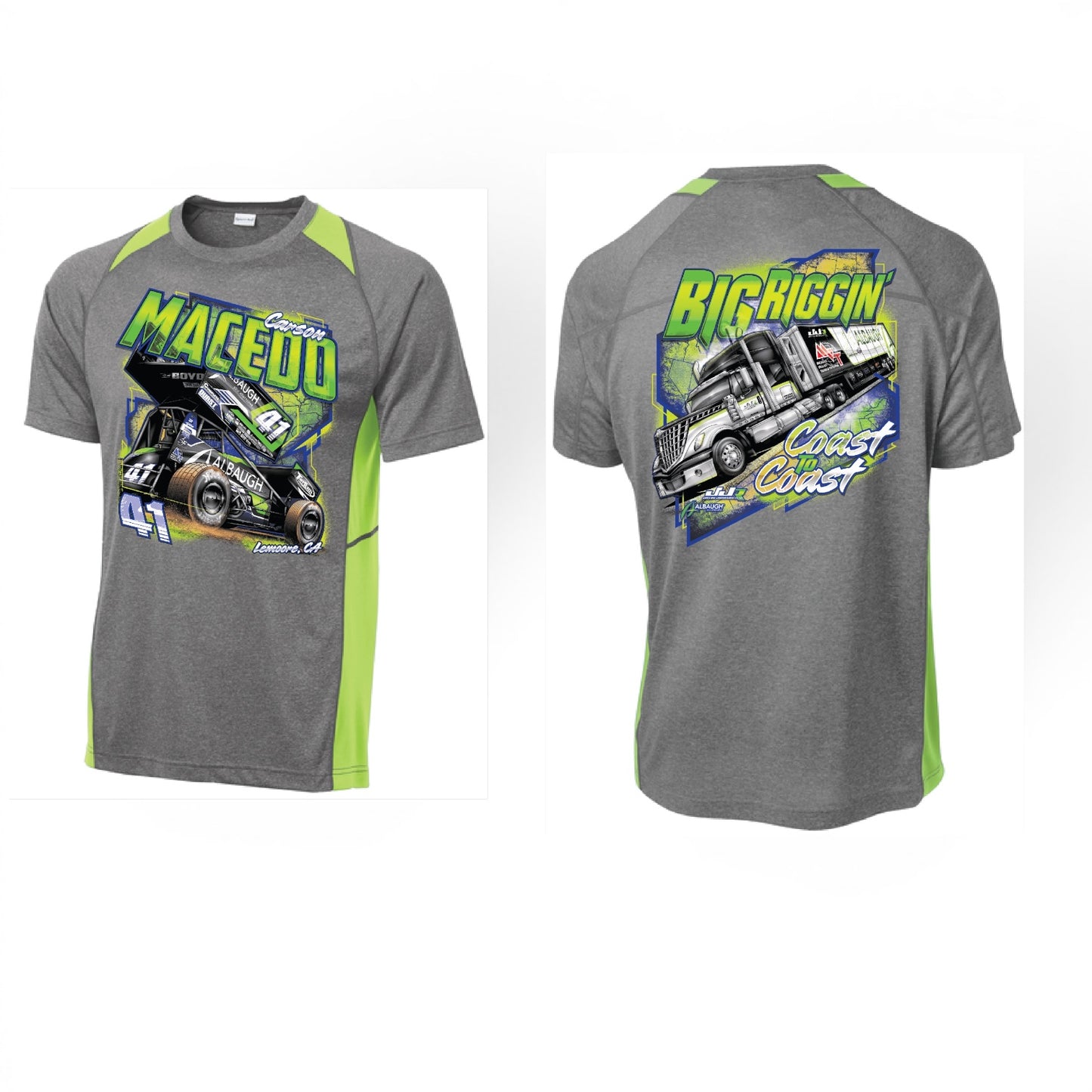 Big Riggin Design T-Shirt Large Front Polyester (Vintage Heather/Lime Shock)