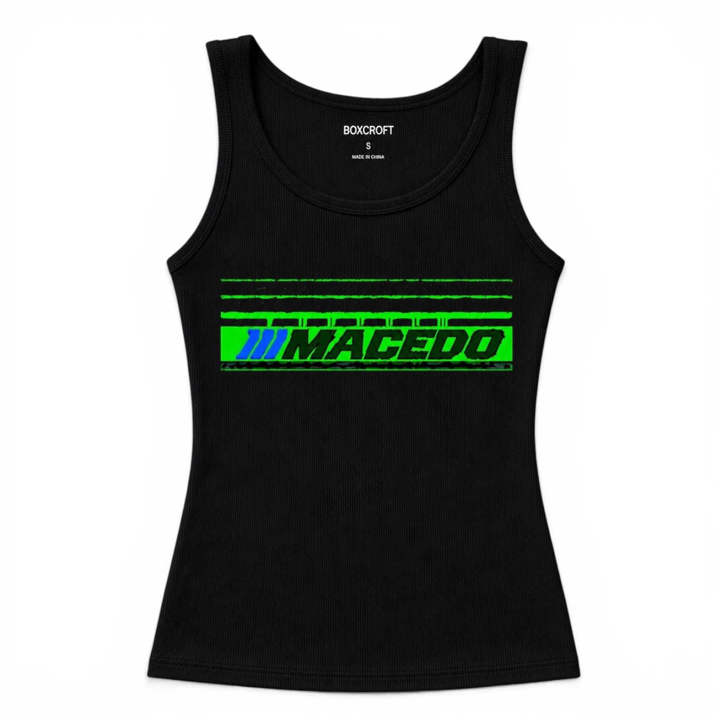 Ladies The Macedo Line Design Ribbed Tank (Front Only Black)