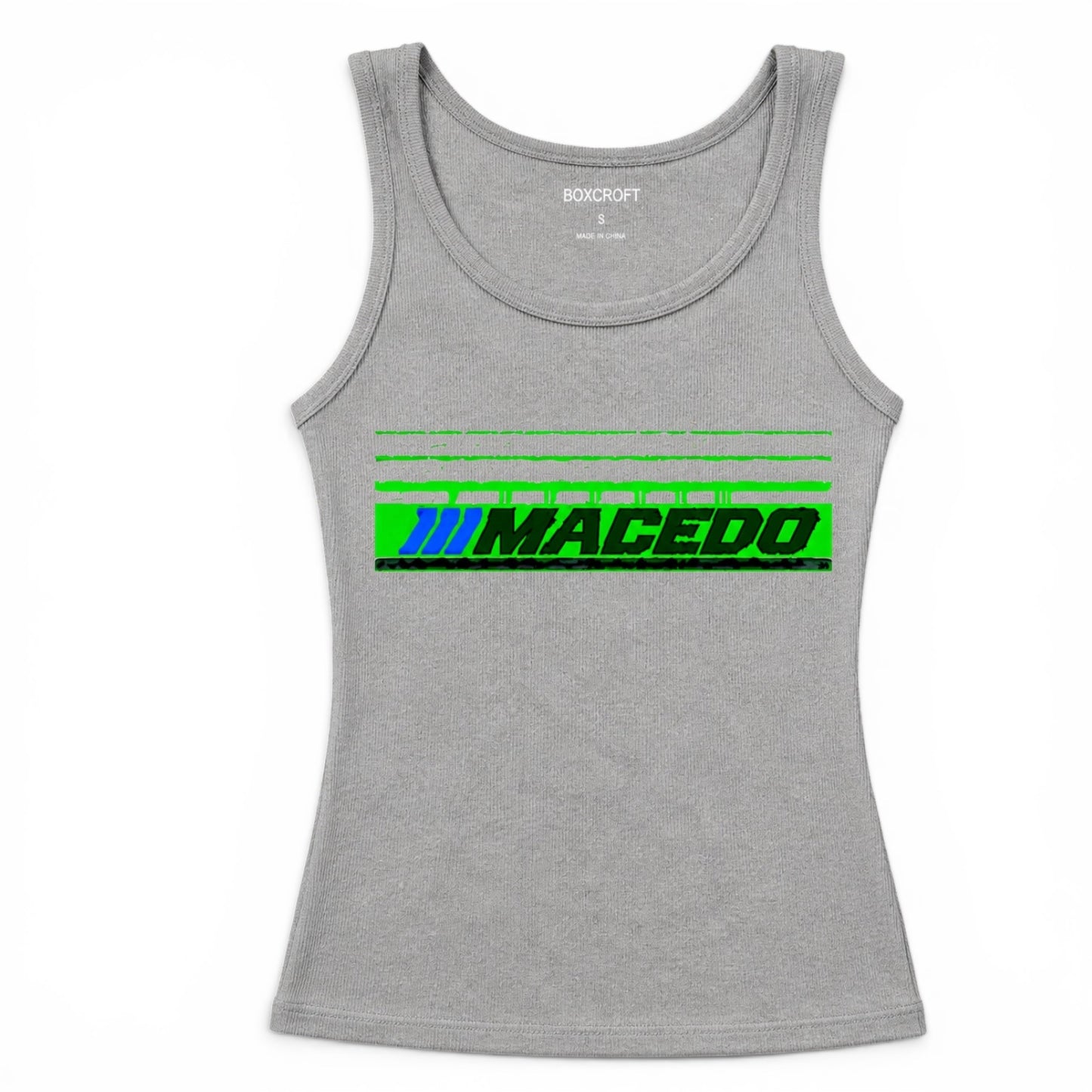 Ladies The Macedo Line Design Ribbed Tank (Front Only Heather Grey)