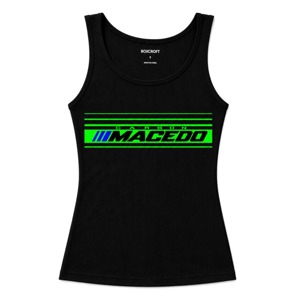 Ladies The Macedo Line Design Ribbed Tank (Front Only Black)