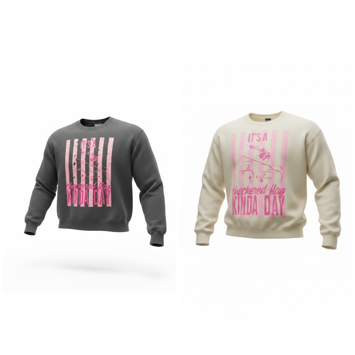 Ladies Cropped Checkered Flag Design Crewneck (Pepper or Cream)